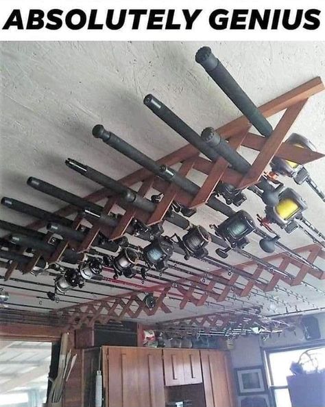 Diy Fishing Pole, Fishing Birthday Party Boys, Diy Fishing Rod Holder, Fishing Pole Storage, Diy Fishing Rod, Fishing Pole Holder, Fishing Birthday Party, Fishing Rod Storage, Diy Garage Door