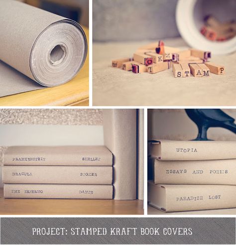 stamped kraft paper book covers Diy Old Book Cover, Styling Books, Paper Book Covers, Shelf Inspiration, Book Stamp, Stamp Projects, Diy Stamp, Paper Book, Diy Journal