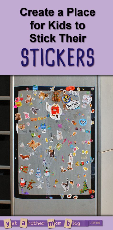 Create a Place for Kids to Stick Their Stickers... give them a special spot to put their stickers on display without damaging your walls and furniture! Sticker Board Ideas Wall, Displaying Stickers Collection, Ideas For Stickers Collection, Sticker Placement Ideas, Sticker Collage Display, Sticker Board Ideas, Sticker Display Ideas Wall Art, How To Display Stickers, Sticker Collection Display Ideas