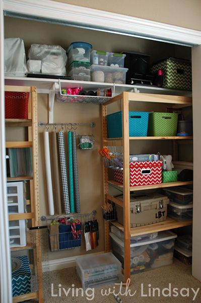 How to organize a multi-purpose closet space Craft Room Closet Organization, Room Closet Organization, Organize Closet Space, Craft Room Closet, Closet Room Organizer, Craft Closet Organization, Wrapping Paper Organization, Jewerly Holders, Organization Closet