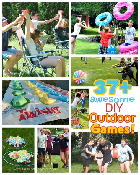 Outdoor Summer Games the entire family will enjoy. These are easy DIY game ideas are perfect for hot summer days and summer parties with kids, teens, and adults. Water games, relay races, DIY summer games, party games, and more to keep the kids busy in our backyard, for school field day, backyard parties, and family reunions. www.kidfriendlythingstodo.com Summer Family Games Ideas, Kids Summer Olympics Games, Diy Outdoor Games Family Activities, Summer Olympic Games For Adults, Summer Family Olympic Games, Summer Activities For 10 Years, Team Olympic Games Party Ideas, Water Field Day Activities, Family Camp Games