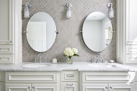 New Home Addition Project Reveal: Prior Lake | Carla Bast Design Vanity Mirror Storage, Arabesque Tile Bathroom, Grey Blue Kitchen, Vanity Backsplash, Bathroom Niche, Mirror Storage, Arabesque Tile, Minnesota Home, Old Lights