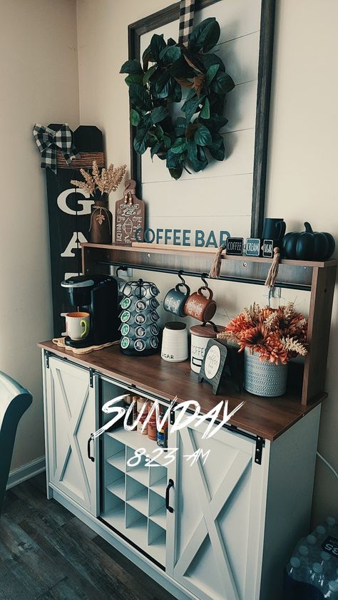 Farm Coffee Bar, Western Apartment Kitchen Ideas, Western Coffee Bar Ideas, Horse Trailer Turned Coffee Bar, Western Coffee Bar, Kureg Coffee Bar Ideas, Bad Sugar, Fall Coffee Bar, Coffee Bar Design