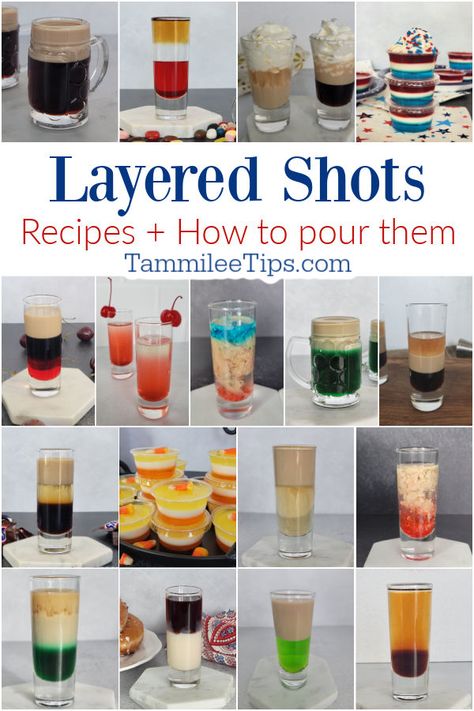 Complete Guide to Layered Shots and how to pour them perfectly! These layered shot recipes are great for parties, holidays, or when you want to try a new cocktail shooter. Layered Shots Recipes, Layered Shots Alcohol, Mini Beer Shots, Birthday Cake Shots, Layered Shots, Candy Corn Jello Shots, Dark Liquor, Bar Shots, Shots Alcohol Recipes