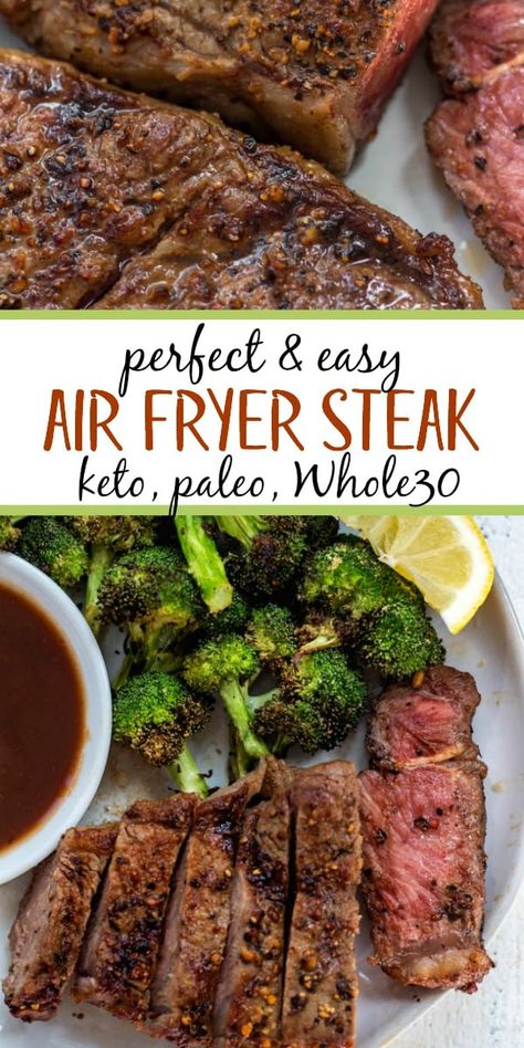 Air Fryer Steak is a foolproof method that comes out perfectly every time. Air fryer steak is a quick weeknight meal for anyone, but especially simplifies things for those eating paleo, Whole30, keto or those simply sticking to eating more real foods. #paleo #whole30 #airfryer #whole30airfryer #paleoairfryer #keto #ketoairfryer #airfryerbeef Whole 30 Air Fryer, Simple Steak Seasoning, Jeff Mauro, Air Fryer Steak, Whole30 Keto, Real Foods, Air Fryer Oven Recipes, Air Fry Recipes, Diner Recept