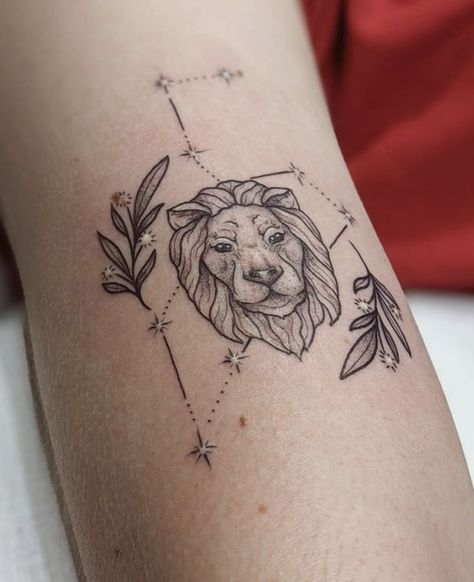 These Leo tattoos feature the Strength tarot card, the Leo constellation, and the lion symbol. They're perfect for those born between July 23 and August 22. #leo #astrology #zodiac #tattoos Creative Leo Tattoos, Leo Inspired Tattoos For Women, July Tattoo, Small Leo Tattoo, Leo Lion Tattoos, Arm Tattoo Designs, Lion Symbol, About Leo, Leo Zodiac Tattoos