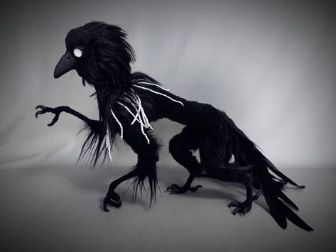 A Malphas is similar in nature and appearance to a raven. While they are technically of demonic origin, they have been noted throughout history to bond with Cambions (human-demon hybrids). While they may present as a typical raven, they may also revert to their true form which is around the size of a medium dog, weighing up to 50 lbs. However, the largest known Malphas weighed nearly 70 lbs. They are fiercely loyal, agile, and stubborn creatures. Creature Sculpture, Creepy Stuffed Animals, Myths & Monsters, Horror Manga, Fantasy Art Dolls, Cute Fantasy Creatures, Medium Dog, Fantasy Creatures Art, Gothic Horror