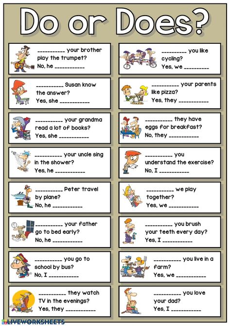 Do or does interactive and downloadable worksheet. You can do the exercises online or download the worksheet as pdf. Do Does Questions Worksheet, Do Or Does Worksheet, Grammar For Kids, Grammar Exercises, Teaching English Grammar, English Exercises, English Grammar Worksheets, Learning English For Kids, English Phonics