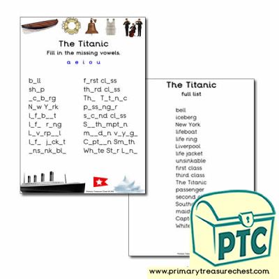 'The Titanic' Resources - Primary Treasure Chest Vowels Worksheet, Vowel Worksheets, Ourselves Topic, Suitcase Packing, Teaching Activities, The Missing, Role Play, Lunch Time, Treasure Chest