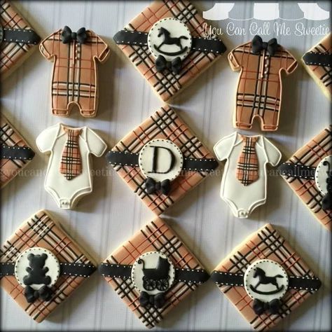 burberry baby shower cookies (I love the plaid. Never thought to do that for a cookie. I'd love to do a plaid design on stocking shaped sugar cookies for Christmas this year.) Baby Boy Cookies, Burberry Baby, Baby Shower Cakes For Boys, Baby Shower Inspiration, Baby Cookies, Fancy Cookies, Cookie Inspiration, Iced Cookies, Baby Shower Cookies