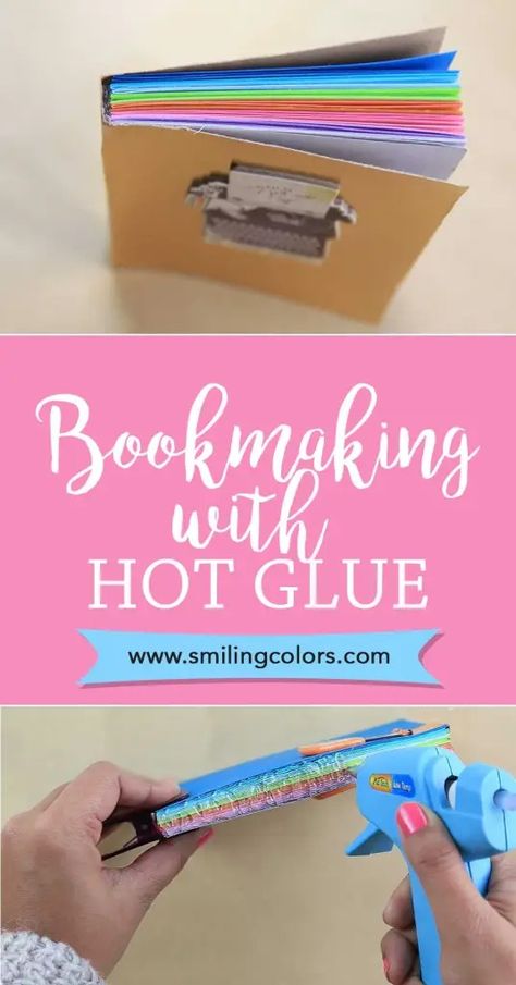 DIY Hot Glue Book Binding with Video Tutorial - Smiling Colors Pull Tab Book Diy, Bookmaking Ideas, Book Binding Glue, Diy Bookbinding, Diy Glue, Homemade Books, Bookbinding Tutorial, Apartment Hacks, Book Binding Diy