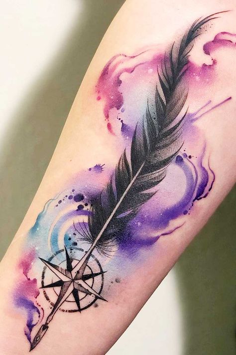 Compass Arm Tattoo, New Zealand Tattoo Ideas, Plumas Tattoo, Tato Simple, Feather Drawings, Pink Lotus Tattoo, Feather Tat, Feathers Tattoo, Infinity Tattoo With Feather