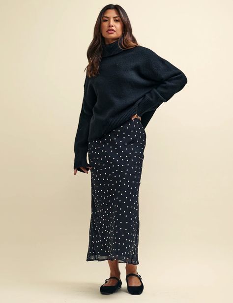 Black Spot Print Mila Chiffon Midi Skirt | Nobody's Child Polka Dot Skirt Outfit, Dot Skirt Outfit, Chiffon Midi Skirt, Midi Slip Skirt, Polka Dot Midi Skirt, Kids Nightwear, Polka Dot Skirt, Dot Skirt, Slip Skirt