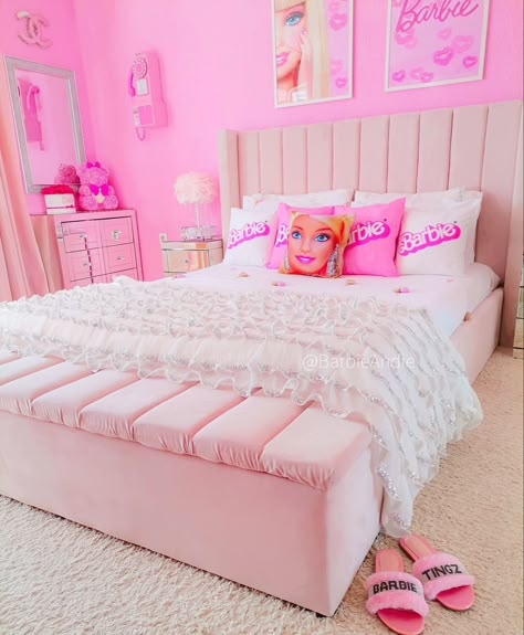 Bright Pink Girls Bedroom, Barbie Bedroom Decor, Mcbling Decor, Barbie Bedroom Ideas Kids, Barbie Room Ideas Bedrooms, Pink Girl Rooms, Barbie Airbnb, Barbie Themed Room, Barbie Girls Room