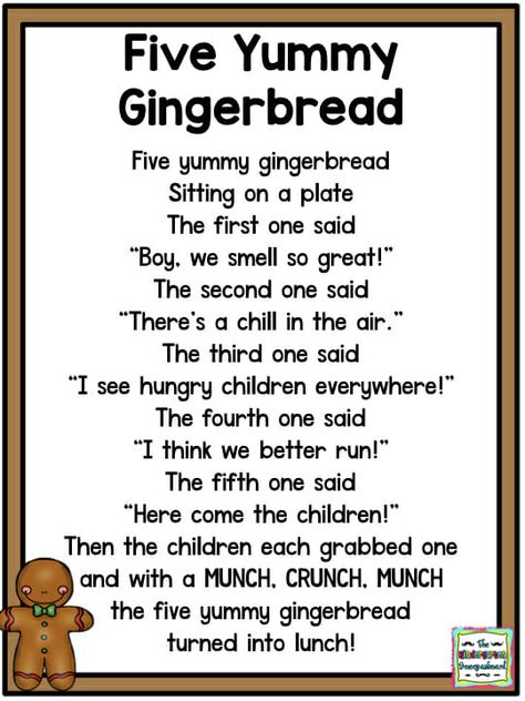 Gingerbread Man Poem! 5 Little Gingerbread Poem, Five Little Gingerbread Men, Gingerbread Poems Preschool, Gingerbread Man Songs For Preschool, 5 Senses Gingerbread Man, 5 Little Gingerbread Men, Legend Of The Gingerbread Man Printable, December Poems For Kids, Holiday Songs For Preschoolers