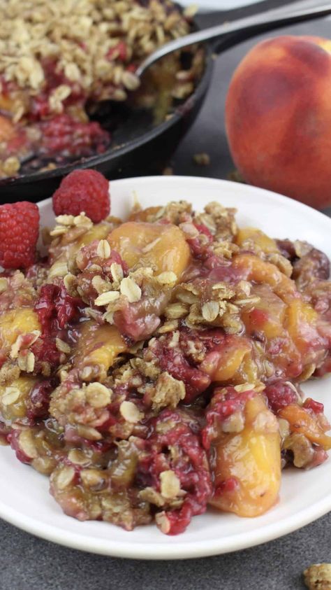 Skillet Peach Raspberry Crisp Peach Raspberry Pie Recipes, Peach Raspberry Crisp, Sausage And Potatoes Skillet, Raspberry Crisp, Oatmeal Crisp, Potato Skillet, Peach Raspberry, Skillet Potatoes, Peach Crisp