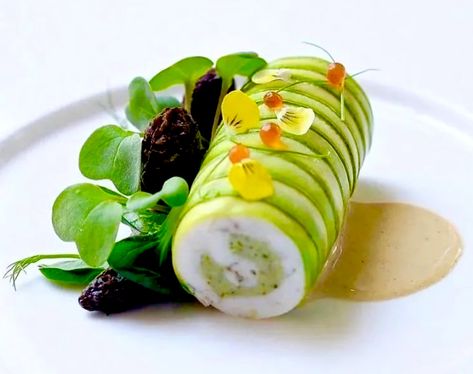 Terrine Plating, Fish Terrine, Fish Plating, Molecular Gastronomy Plating, Fine Dining Appetizers, Fine Dining Menu, Gourmet Food Plating, Morel Mushrooms, Health Fitness Food