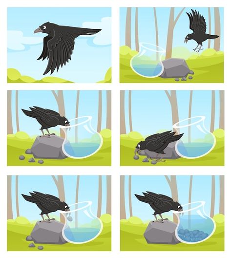 Thirsty crow tale of smart black crow an... | Premium Vector #Freepik #vector #beak #bird-illustration #bird-character #fauna Crow Story, Drink Cartoon, Jug Of Water, Thirsty Crow, Picture Story For Kids, Crow Pictures, Crow Images, Crows Drawing, Coloring Mask