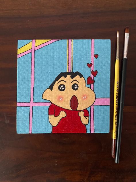 Shinchan Canvas Painting, Canvas Art Disney, Cartoon Paintings Easy Canvas, Shinchan Painting, Paintings Easy Canvas, Cartoon Acrylic Painting, Canvas Art Mini, Cartoon Paintings Easy, Cartoon Paintings