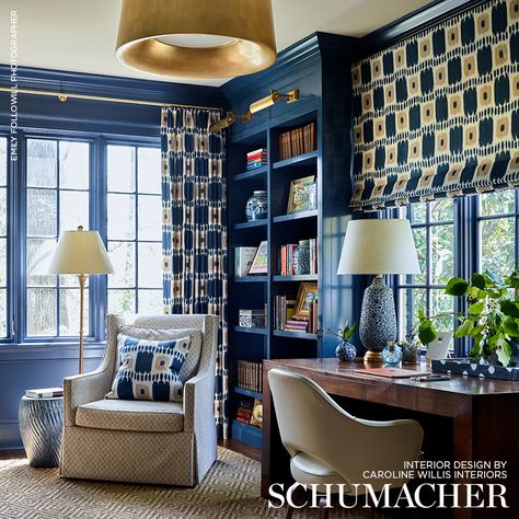 KANDIRA Office Wall Colors, Navy Living Rooms, Fabric Roman Shades, Roman Curtains, Dallas House, Deco Blue, Indigo Fabric, Blue Rooms, Home Office Design