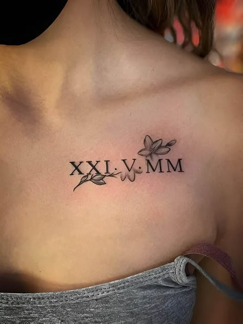 Top Chest Tattoo Female, Chest Tattoo Female Meaningful, Hidden Name Tattoo Ideas For Women, Significant Other Tattoos Names, Tattoos On Womens Chest, Brenda Tattoo, Butterfly Roman Numeral Tattoo, Tattoo Ideas Female Medium Size, Tattoo With Words