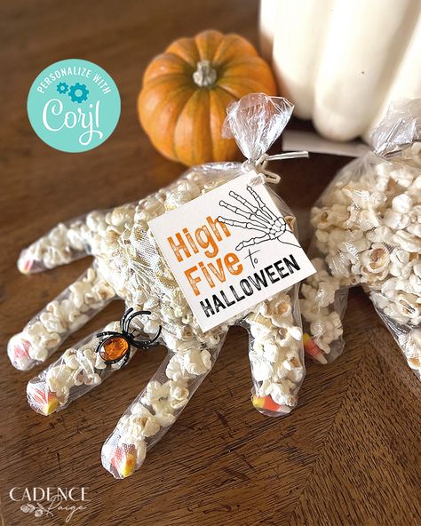 "If you're looking for a fun and simple Halloween treat for neighbors, friends, or classmates, hand out a unique Halloween High Five! These DIY tags were made especially for Halloween popcorn hands, but can be used for any spooky gift. You'll receive access to an editable file so that you can print 6 tags to a page and trim as many as you like. Because little goblins need high fives too!   ♥ DEMO LINK♥  Try before buying! Simply copy and paste the URL below into your browser: https://www.corjl.c Halloween Treat For Classroom, Halloween Hand Treat Bags, Halloween Ideas For Students, Halloween Treat For Classmates, Halloween Popcorn Hands, Halloween Gift Bags For Teachers, Diy Halloween Gifts For Friends, Halloween Cheer Gifts, Halloween Candy Handout Ideas