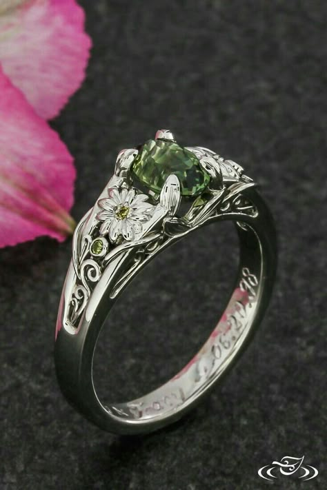 Green Flower Engagement Ring, Green Jewelry Rings, Cottagecore Aesthetic Wedding Ring, Green Wedding Ring Aesthetic, Green Jewellery Aesthetic, Midevil Engagement Rings, Enchanting Wedding Rings, Bug Wedding Rings, Green Lake Jewelry Works