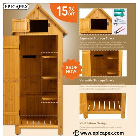 💥Outdoor Tool Storage Cabinet 🔥The natural double slope top fir courtyard storage room is an attractive storage cabinet for outdoor use.☘ It is made of solid wood, and the natural color can blend seamlessly into any garden or backyard.✔ We have designed sufficient storage space for this storage cabinet, which can provide enough space for your outdoor items. In addition, its stability and waterproofing not only adapt to long-time outdoor use, but also keep your items dry.👍 We have also design... Small Garden Tool Shed, Messy Garden, Outdoor Tool Storage, Yard Storage, Backyard Storage Sheds, Tool Storage Cabinets, Wood Storage Sheds, Outdoor Storage Shed, Backyard Storage