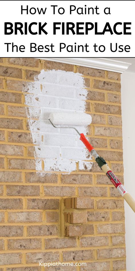 Using a roller with white paint on a brick fireplace Painting Faux Brick Fireplace, How To Paint A Fireplace, How To Whitewash Brick Fireplace, How To Paint Chimney Bricks, Brick Fireplace Paint, How To Smooth Out Brick Fireplace, Paint Old Fireplace Brick, Strip Paint Off Brick Fireplace, Painting A Fireplace