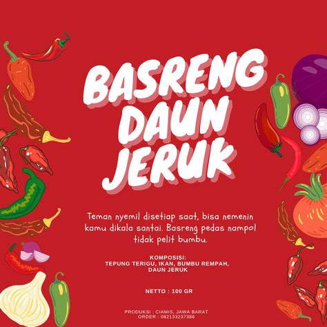 Logo Basreng Pedas Aesthetic, Design Kemasan, Food Label Sticker, Label Produk, Food Label, Food Menu Design, Spicy Snacks, Fruit Illustration, Graphic Design Lessons