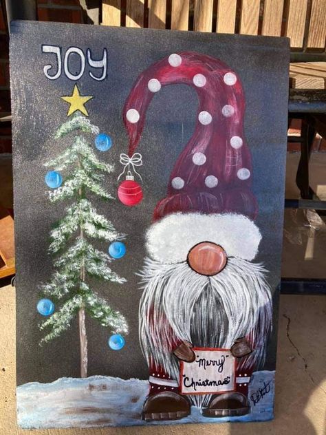 Christmas Gnomes Painting, Kids Christmas Painting, Gnome Wall Hanging, Painted Gnomes, Clothespin Crafts Christmas, Gnome Paint, Farmhouse Paintings, Christmas Paintings On Canvas, Packing Paper