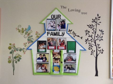 My family picture board Family Display Preschool, My Family Collage Preschool, Family Wall In Preschool, Family Frame Craft Preschool, Classroom Family Photo Display, Family Banner School Project, Family Classroom Board, Family Pictures Classroom Display, Family Wall Decor Classroom