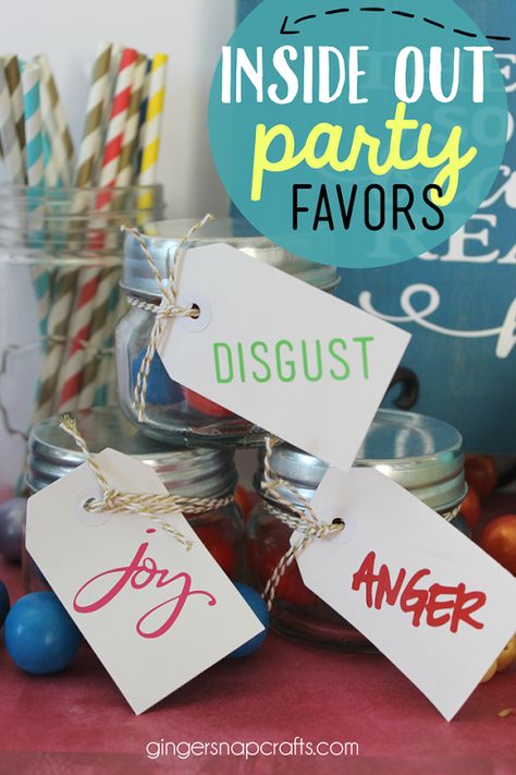 Inside Out Party Favors at GingerSnapCrafts.com #InsideOutMovieNight #CollectiveBias #ad Inside Out Gift Ideas, Inside Out Table Decorations, Inside Out 2 Diy Decorations, Inside Out 2 Party Food, Inside Out Party Favors, Snowman Soup, Birthday Gift Bags, Neighbor Gifts, Ginger Snaps