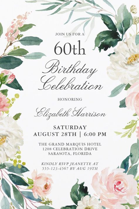 Elegant Watercolor Floral 60th Birthday Party Invitations 90th Birthday Party, 70th Birthday Party, 60th Birthday Party Invitations, Invitation Frames, 60th Birthday Invitations, 90's Birthday Party, 70th Birthday Parties, Elegant Birthday, Birthday Party Celebration