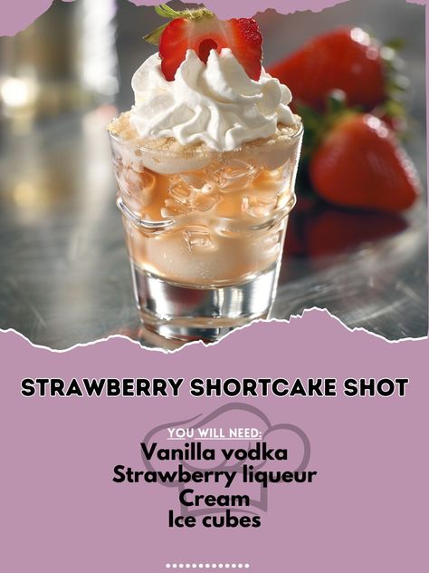 🍓 Savor the sweetness with our Strawberry Shortcake Shot! 🍹✨ #SweetShot #StrawberryLove Strawberry Shortcake Shot Ingredients: Vanilla vodka (1 oz) Strawberry liqueur (1 oz) Cream (1/2 oz) Ice cubes Strawberry slice for garnish Instructions: Combine vanilla vodka, strawberry liqueur, and cream in a shaker. Fill with ice and shake well. Strain into a shot glass. Garnish with a strawberry slice. 🌟 Sweet and creamy, like dessert in a glass! 🍓🍹 #RecipeInspire #DessertShot #StrawberryShortcake Strawberry Liqueur Cocktails, Strawberry Shortcake Shot, Coffe Drinks, Liqueur Cocktails, Strawberry Liqueur, Alcohol Beverages, Desserts In A Glass, Glass Garnish, Strawberry Vodka