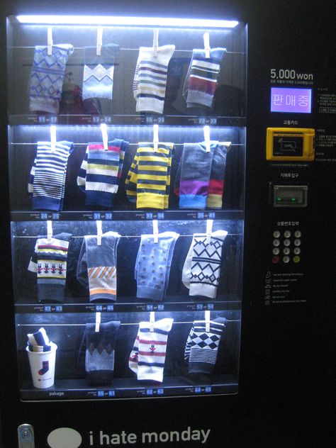 Sock vending machine, S. Koreans love their socks.. Korean Vending Machine, Korea Logo, I Hate Mondays, Hate Mondays, Learn Korean, Vending Machine, Socks