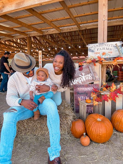 Mom Dad and baby daughter all wear coordinated tan sweaters, blue jeans, and brown shoes at the pumpkin patch. Outfits From Target, Pumpkin Patch Outfits, Coordinated Outfits, Pumpkin Patch Outfit, Matching Sweaters, Mommy Daughter, Womens Crewneck, Family Day, Cotton Pullover