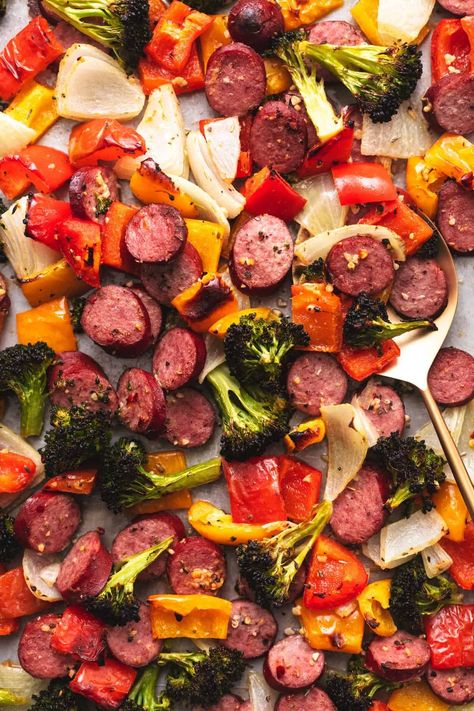 Sheet Pan Sausage and Veggies - Creme De La Crumb Turkey Sausage And Veggies, Sheet Pan Turkey, Sheet Pan Sausage And Veggies, Pan Sausage And Veggies, Healthy Sausage Recipes, Sheet Pan Sausage, How To Cook Kielbasa, Sausage Pie, Sausage And Veggies