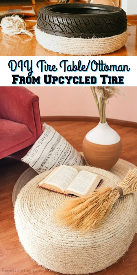 Think twice before you toss those old tires! I will show you how to make this DIY tire table / tire ottoman! Super easy to do too. Tire Ottoman, Tire Table, Diy Tire, Diy Ottoman, Diy Boho Decor, Painted Furniture Diy, Diy End Tables, Diy Sofa Table, Old Tires