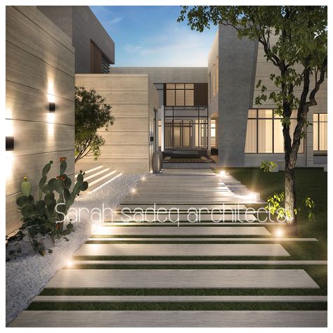 Abudahbi landscaping , private villa uae by Sarah sadeq architects Villa Entrance Landscape, Home Front Yard, Front Yard Design Ideas, Sarah Sadeq, Garden Home Ideas, Yard Design Ideas, Yard Landscape Ideas, Garden Front Yard, Sarah Sadeq Architects