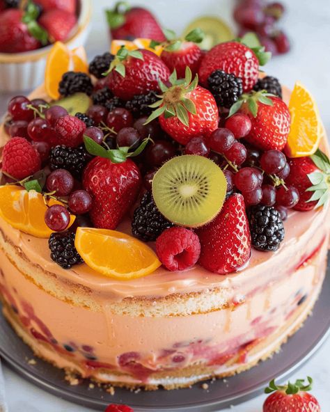 Sangria Cake, Summer Fruit Cake Decoration, Fresh Fruit Birthday Cake, Cake With Fruit Cocktail In It, Fresh Fruit Cake Decoration, Mix Fruit Cake Design, Fruit Sangria, Berry Sauce, Whipped Frosting