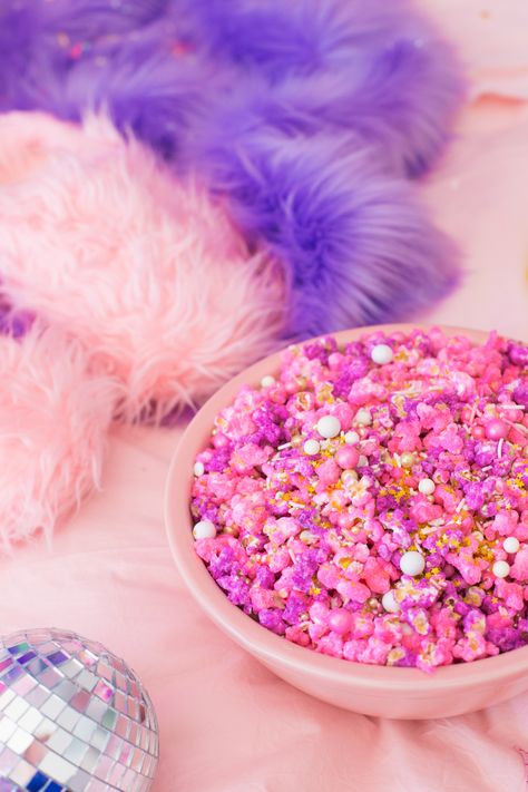 Pretty in Pink Pastel Candied Popcorn Christmas Popcorn Tins, Candied Popcorn, Purple Food Coloring, Christmas Popcorn, Purple Food, Colorful Desserts, Candy Popcorn, Pastel Candy, Studio Diy