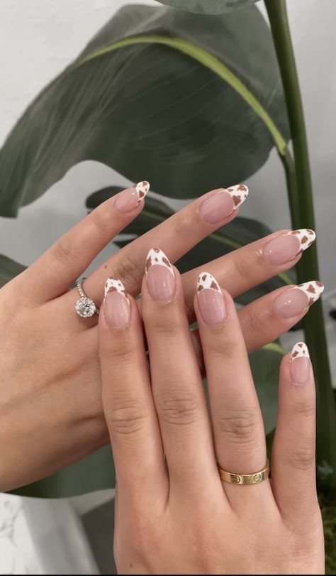 Birthday Nails Western, Nashville Tennessee Nail Ideas, Country Nails Almond Shape, Country Concert Nails Almond, Neutral Cow Print Nails, Almond Country Nails, Arizona Inspired Nails, Almond Nails Designs Western, Cowgirl Manicure