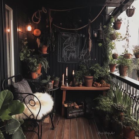 Dark Academia Patio, Goth Patio Decor, Goth Plant Room, Moody Balcony, Witchy Balcony, Goth Balcony, Witchy Patio, Whimsical Balcony, Gothic Balcony