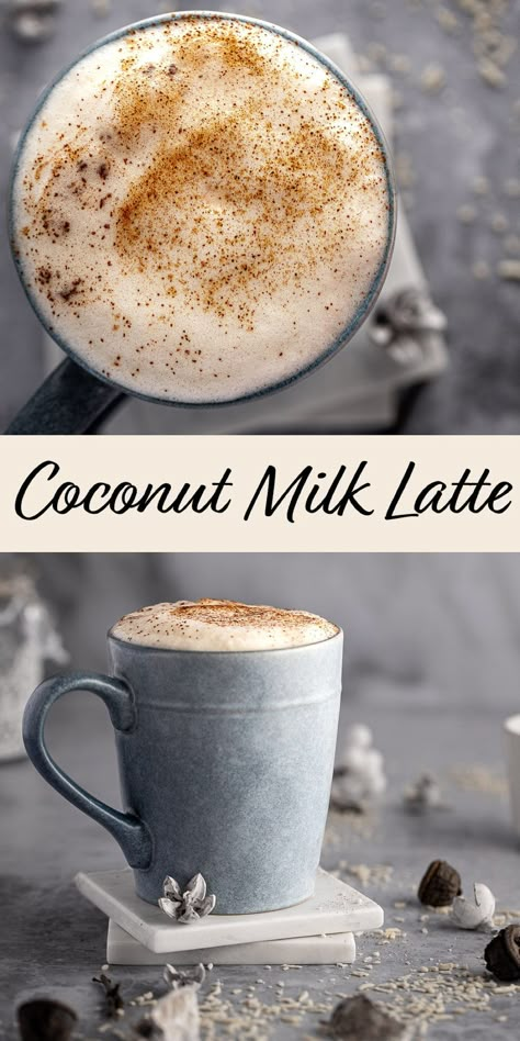 This creamy, rich coconut milk latte is easy to make in under 5 minutes. Espresso mixed with maple syrup, cinnamon and vanilla extract. Topped with frothed coconut milk and an extra sprinkle of cinnamon. Healthy, dairy free and vegan. Sweet Cinnamon Milk Tea, Coffee Coconut Milk Recipes, Coconut Cream For Coffee, Coconut Cream Coffee Recipes, How To Froth Coconut Milk, Flavored Frothed Milk Recipes, Coconut Milk Cold Foam, Non Dairy Coffee Drinks, Silk Coconut Milk Recipes