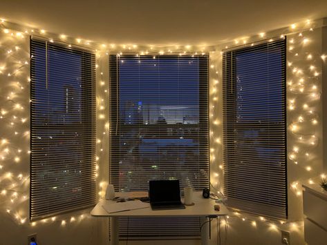 Fairy light window decor Led Lights Around Window, Fairy Lights Window, Curtain Lights Ideas, Apartment Hallway, Dorm Lighting, Light Window, Fairy Lights Decor, Led Lighting Bedroom, Fairy Lights Bedroom