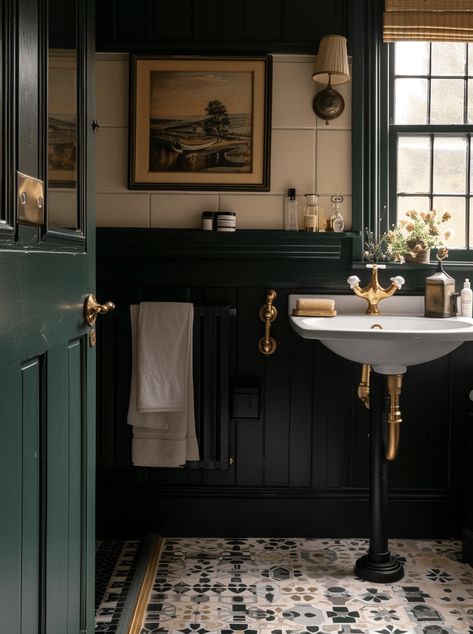 34 Stunning Victorian Bathroom Design Ideas - Edward George Old World Powder Room Ideas, Bathroom Remodel Pedestal Sink, Bathroom With Dark Green Vanity, 1900's Bathroom Ideas, Tudor Revival Bathroom, Black White And Dark Green Bathroom, Victorian Sink Bathroom, Victorian Toilet Ideas, Black And White Bathrooms With Color