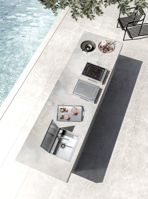 Poolside kitchen inspo. #Poolside #kitchen #inspo #exterior #minimalism #design #monochrome #masseria #lamia #lighting #puglia #lifestyle #architecture #style #pool #swimmingpool #outdoorkitchen #entertaining Poolside Kitchen, Sink Outdoor, Farmhouse Style Kitchen Cabinets, Villa Concept, Sofa Layout, Outdoor Kitchen Decor, Pool Landscape Design, Outdoor Kitchen Island, Kitchen Cabinet Styles