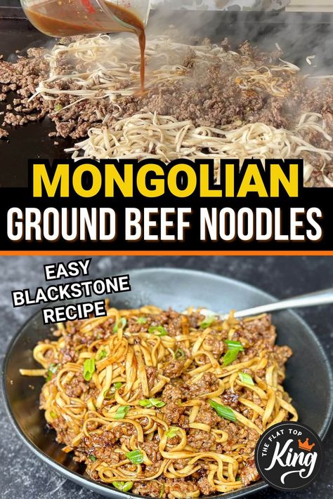 Ground Beef And Rice Noodles, Mongolian Noodles, Mongolian Ground Beef Noodles, Ground Beef Noodles, Mongolian Ground Beef, Lo Mein Noodles, Blackstone Recipes, Beef Sauce, Beef Noodles