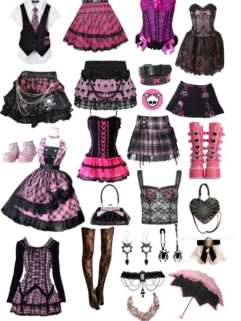 Draculara Outfits Monster High, Draculaura Outfit Ideas, Monster High Draculaura Outfits, Monster High Outfits Aesthetic, Draculaura Closet, Pink Goth Fashion, Draculaura Moodboard, Draculaura Outfit Inspiration, Draculaura Clothes